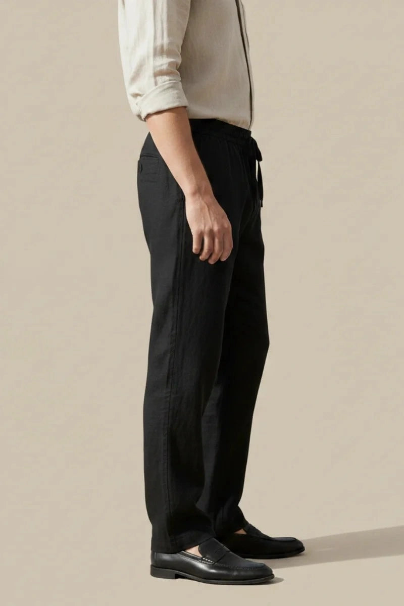 Black Linen Drawstring Pants For Men (Side)
