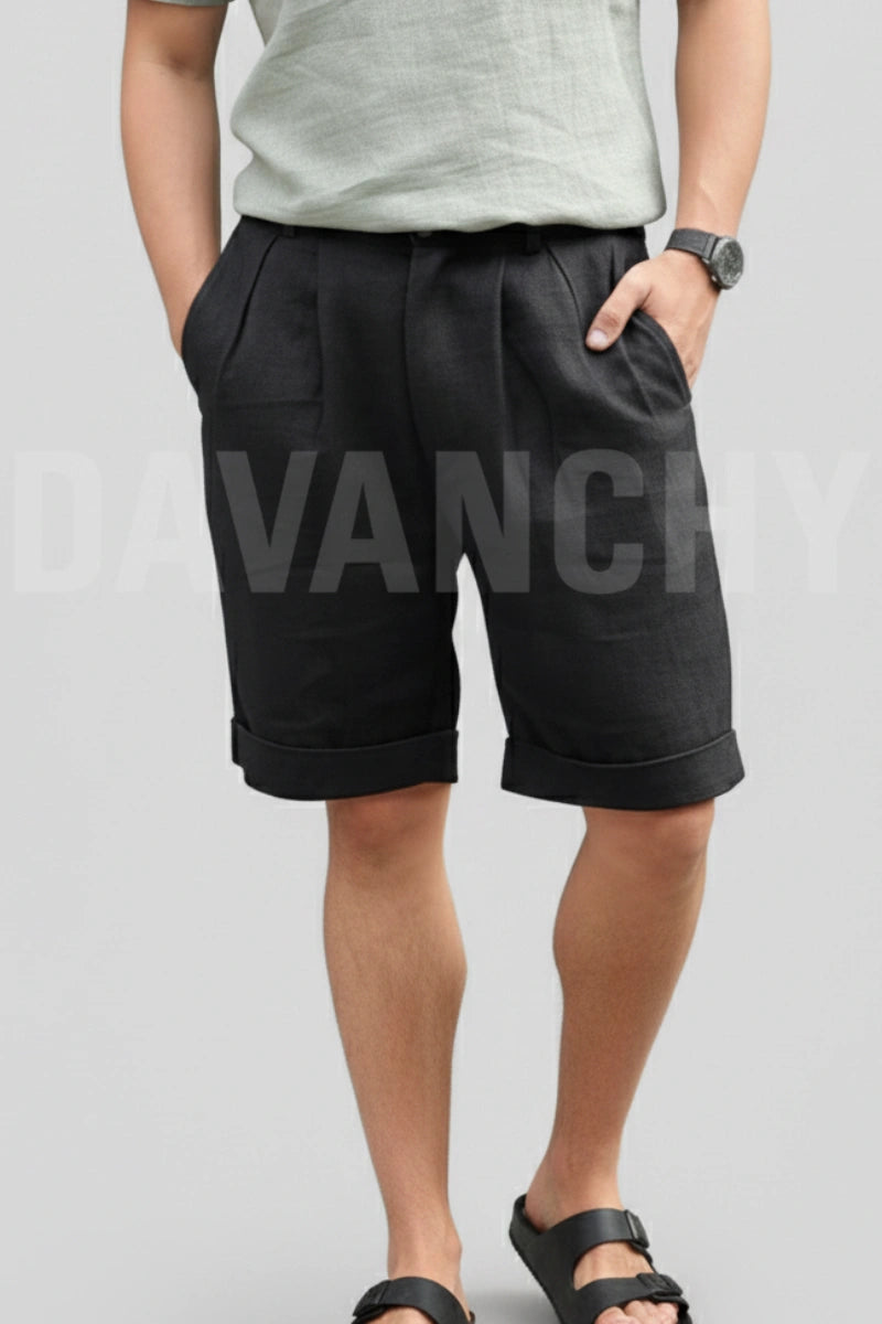 Black Linen Shorts for Men-Front