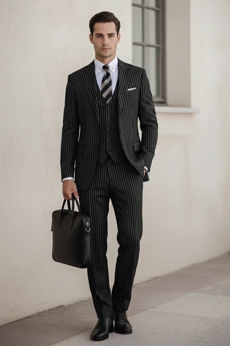 Men's Black Office Wear Three Piece Suit -Front
