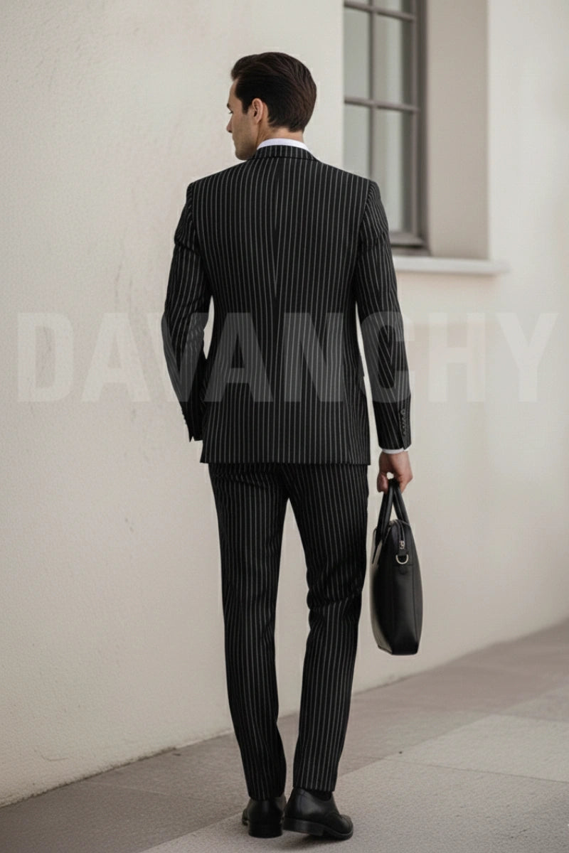 Tailored fit black pinstripe suit-Back