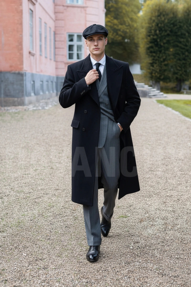 Double breasted black long coat for men