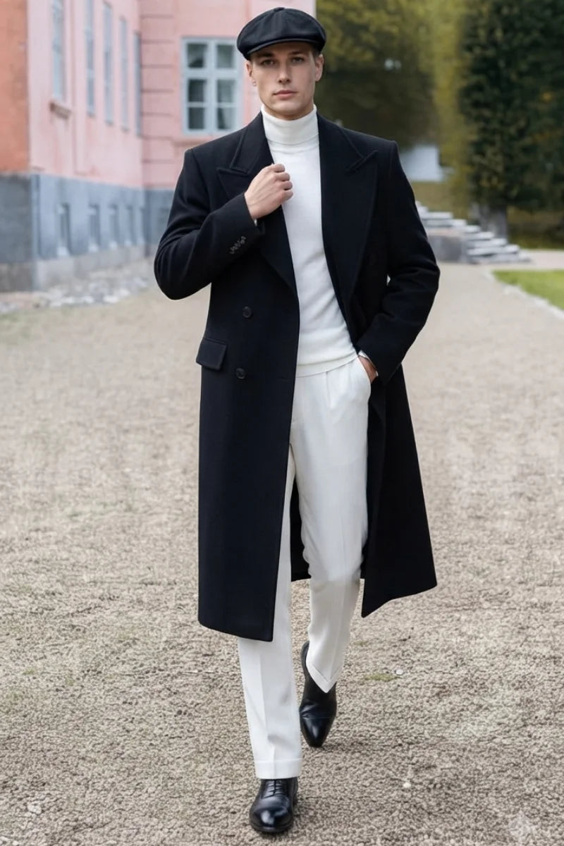 Double breasted black long coat for men