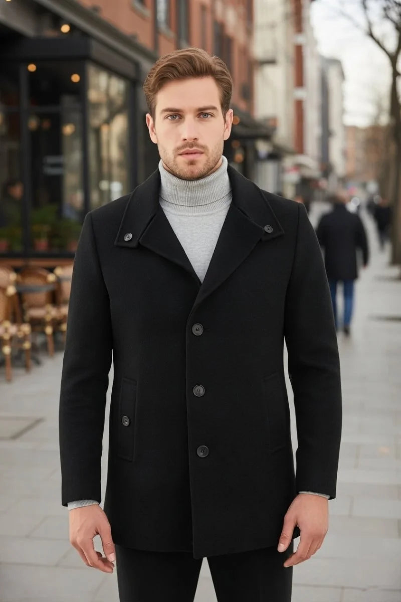 Men black tweed wool coat