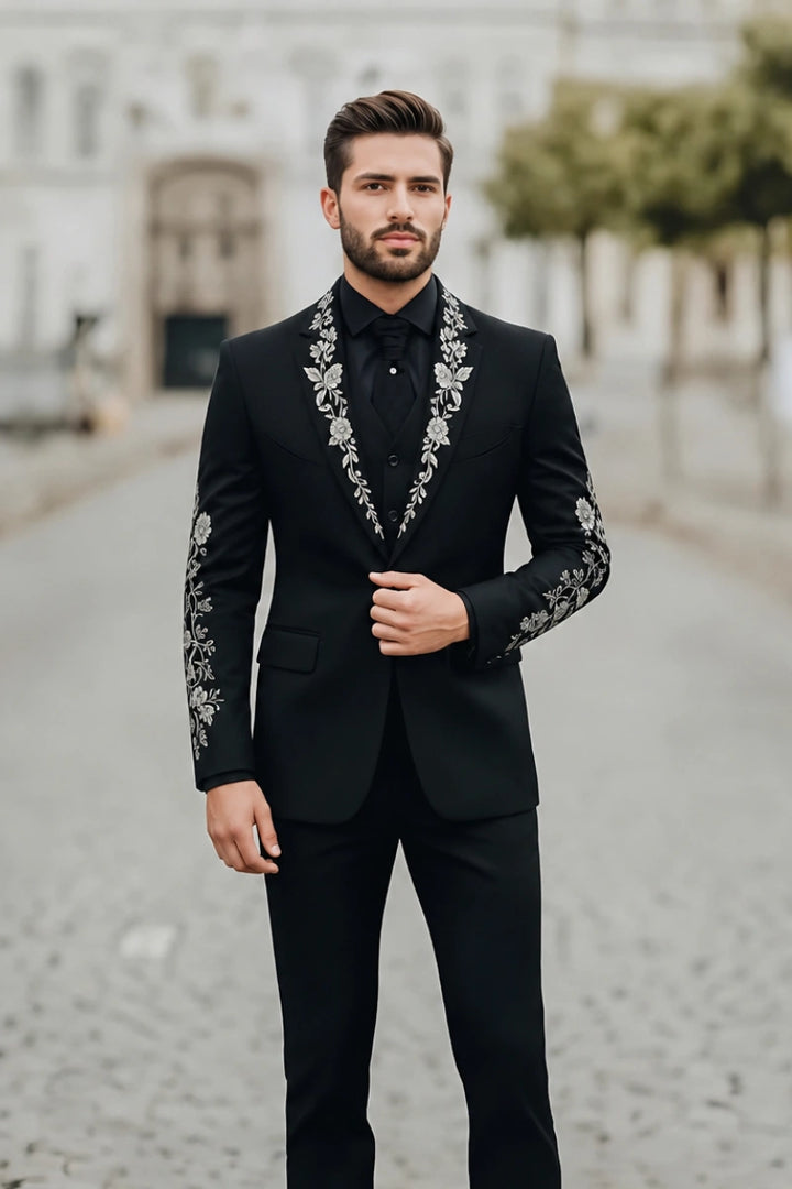 Mens black embroidered wedding suit-Front