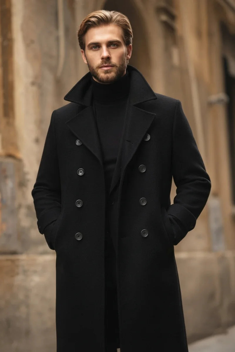 Men black double breasted wool coat-Front