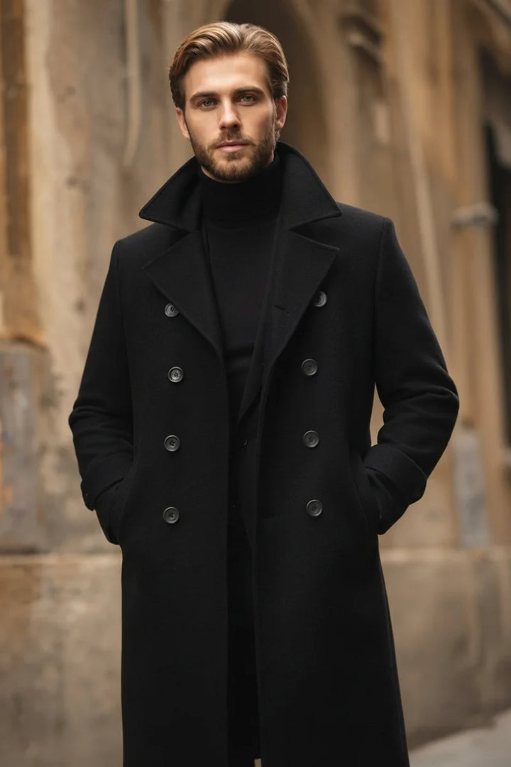 Men black double breasted wool coat-Front