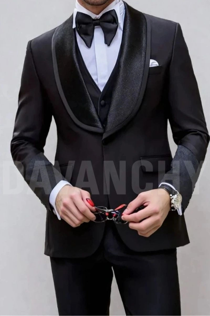 Groom wedding wear black three-piece suit-Front