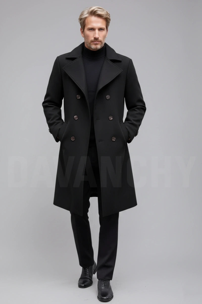 Men Black Tweed Winter Wear Overcoat-Front