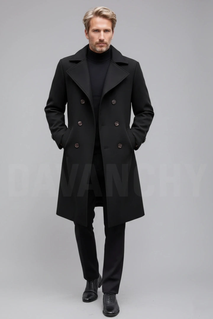 Men Black Tweed Winter Wear Overcoat-Front