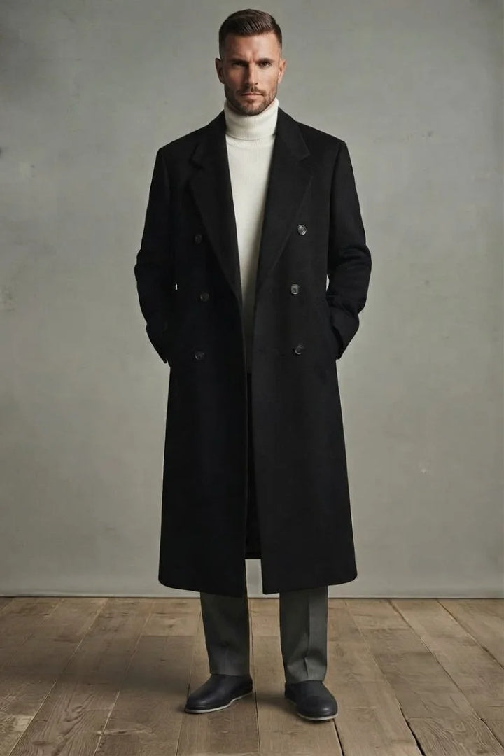 Men black double-breasted overcoat for winter