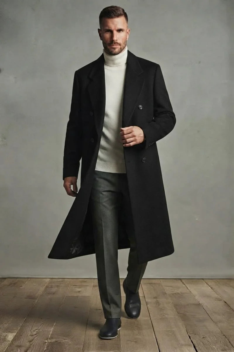 Men black formal trench coat – warm winter outerwear 