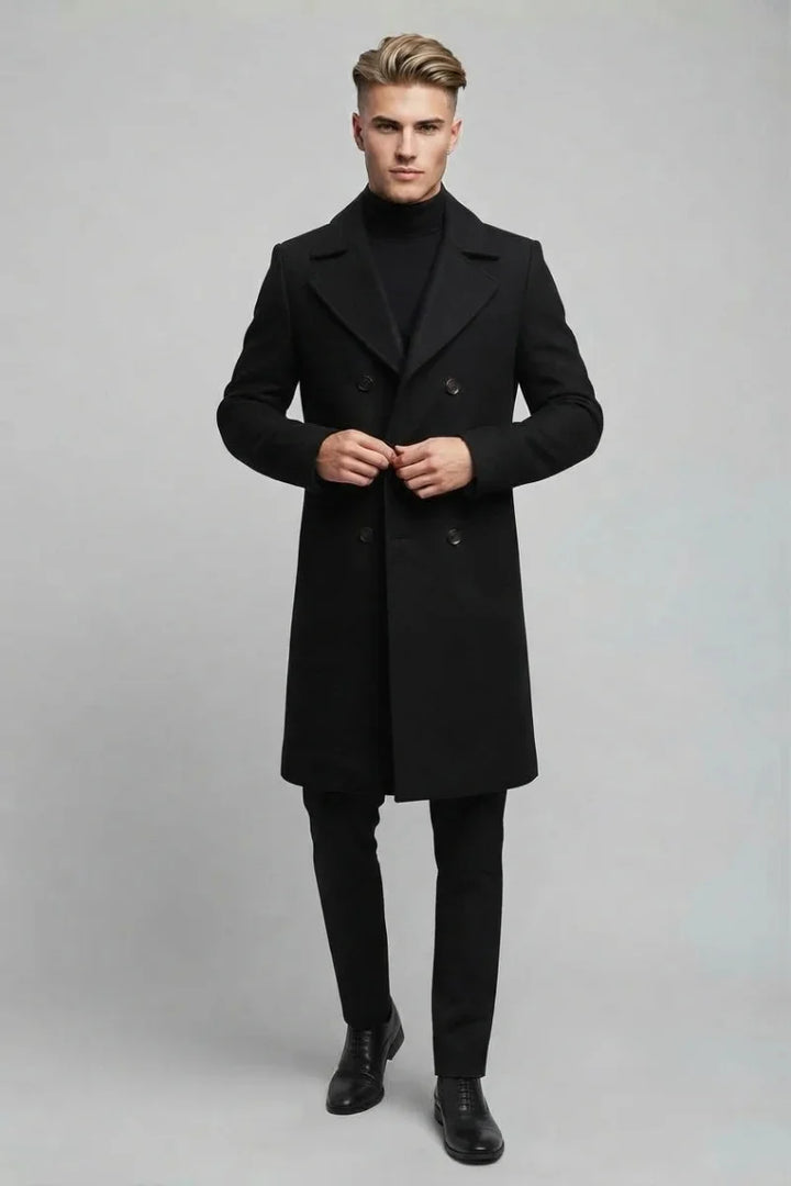 Men Black Double Breasted Tweed Overcoat 