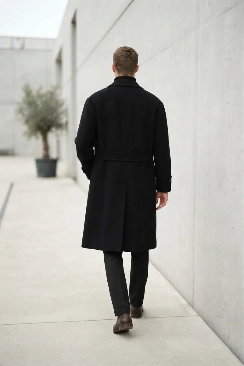 Black tweed long coat for men -Back