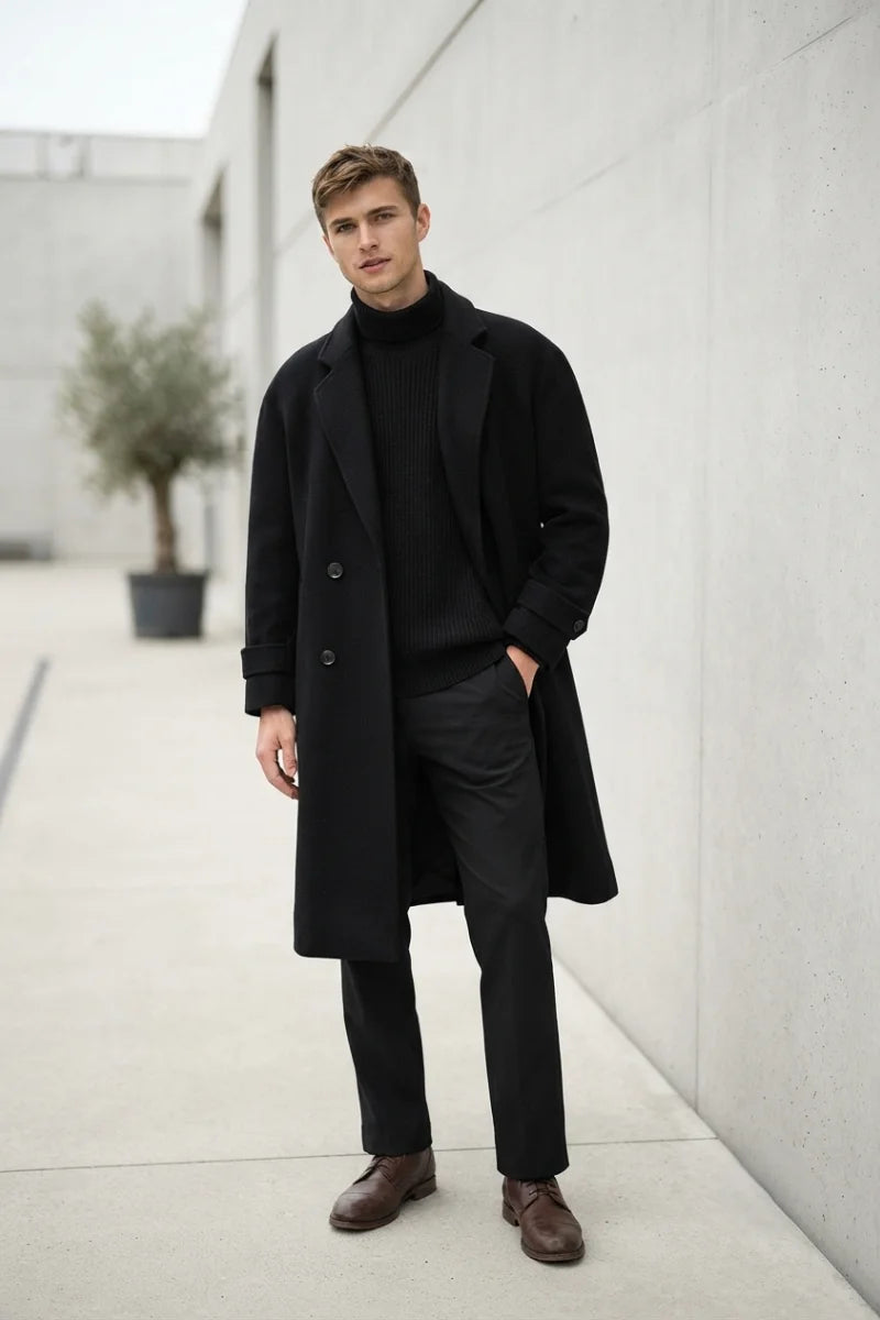 Men black tweed overcoat-Front