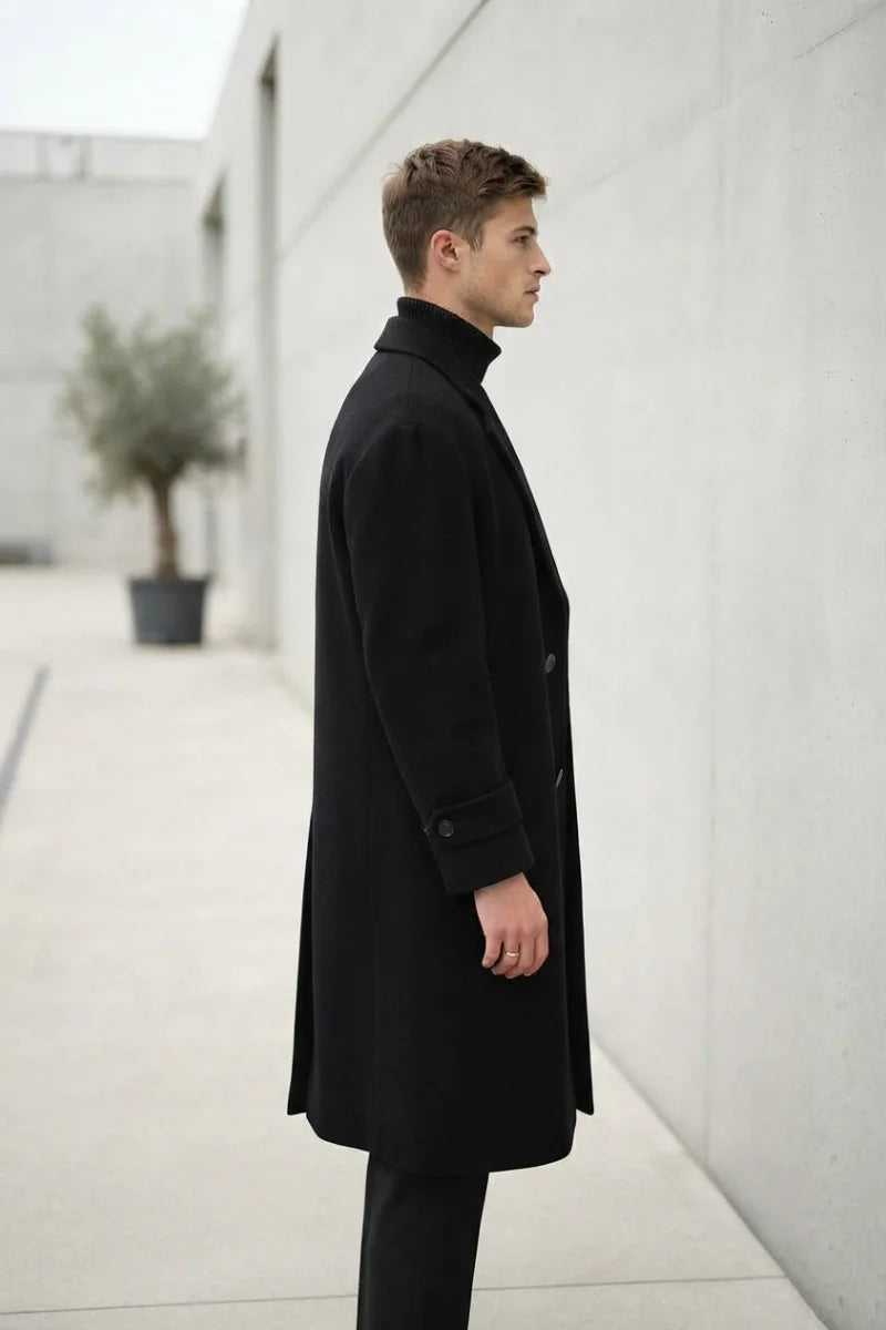 Men black double breasted stylish overcoat-Side