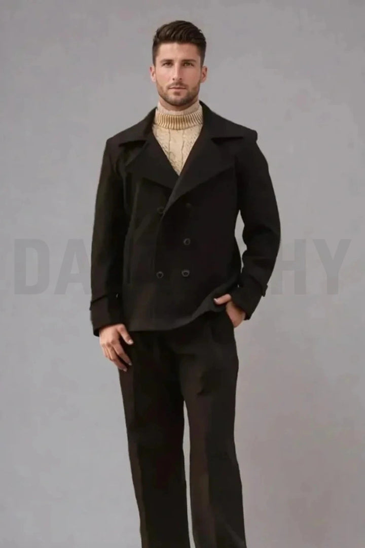 Men double breasted classic wool coat-Front