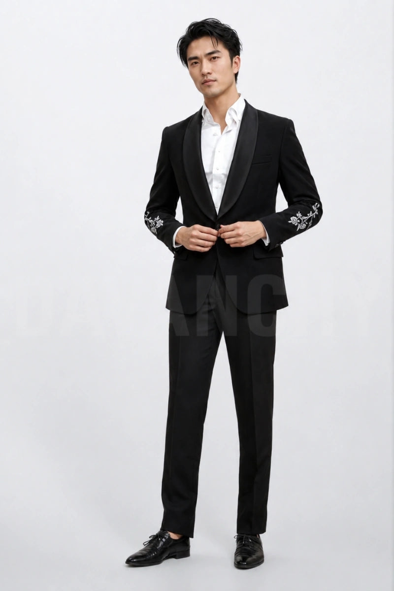 Men’s black velvet embroidery suit-Front