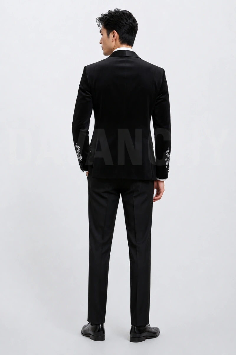 Groom designer velvet black suit-Back
