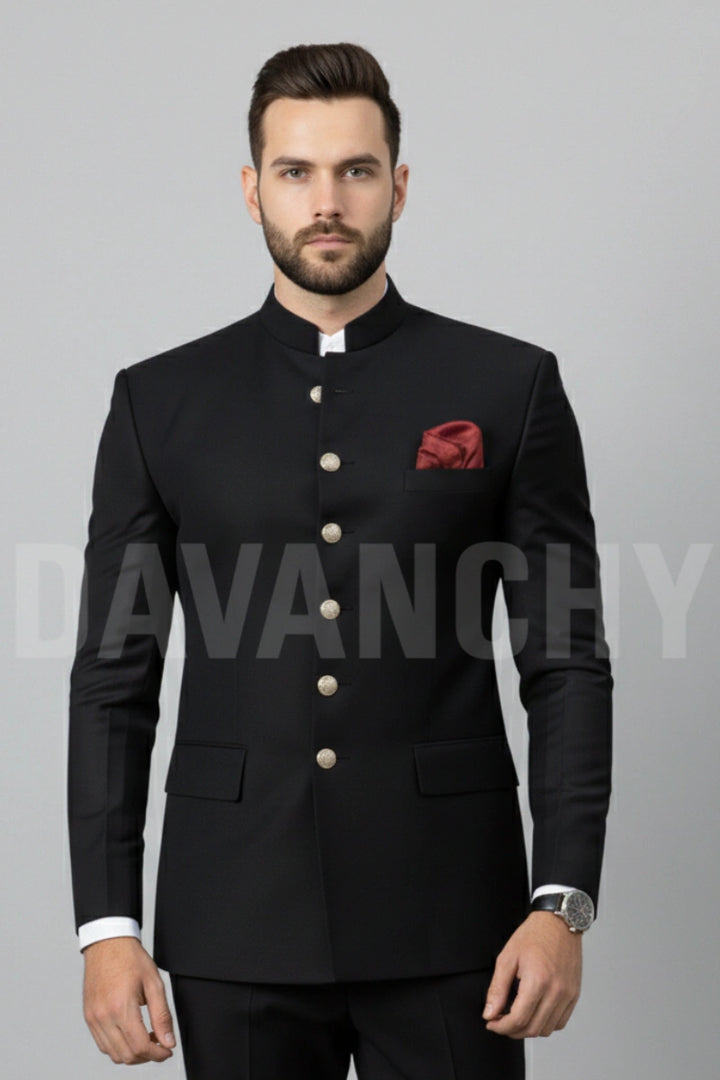 Premium jodhpuri bandhgala black two piece suit-Front