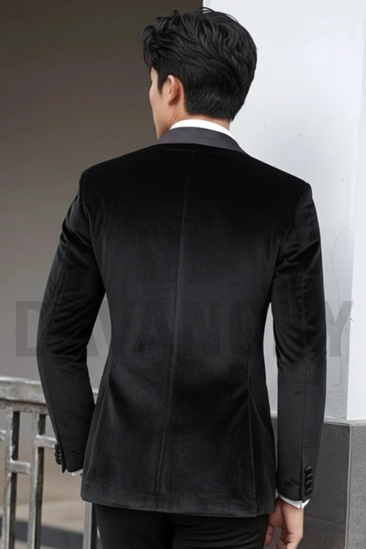 Men black velvet designer coat-Back