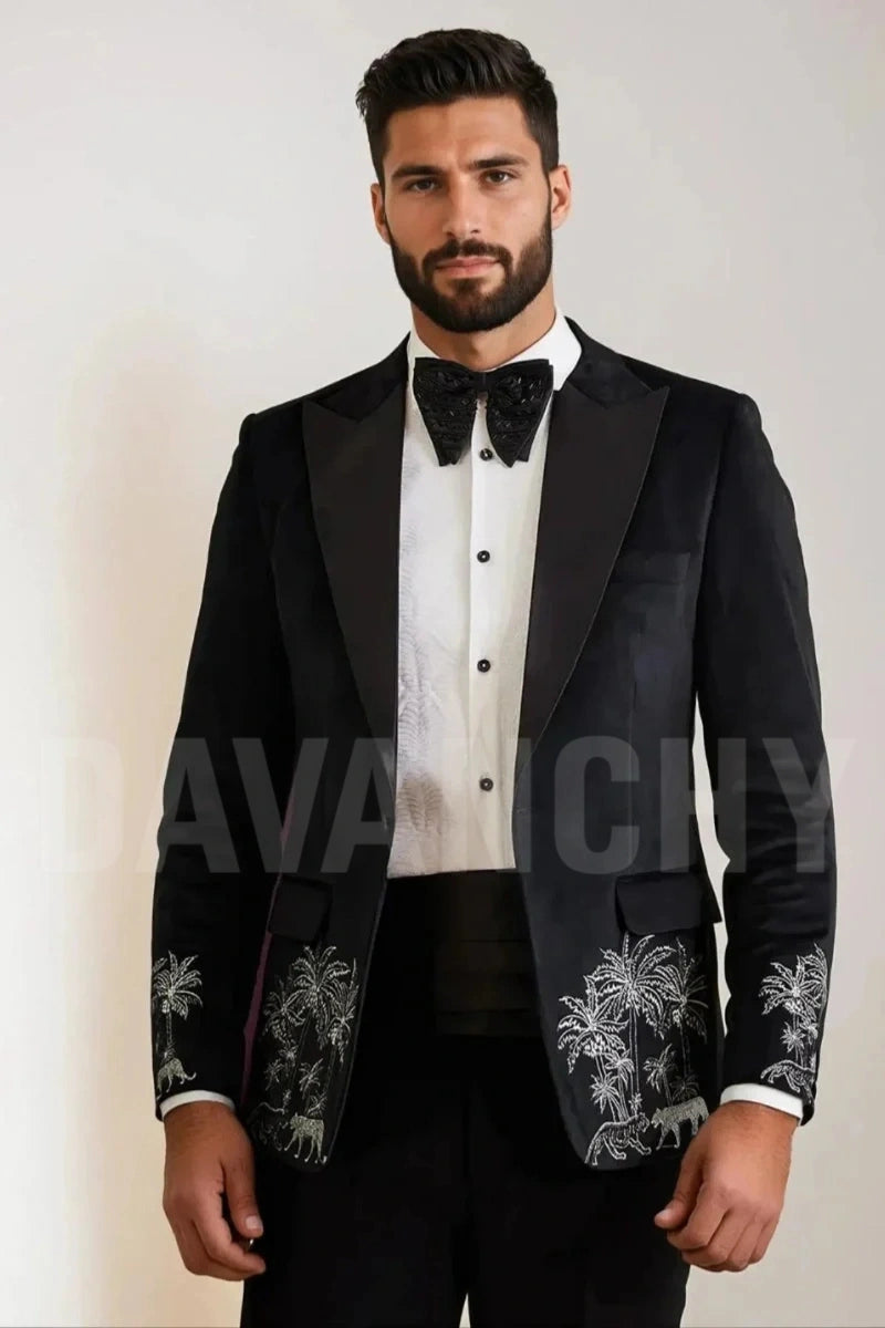 Embroidered black tuxedo for men-Front