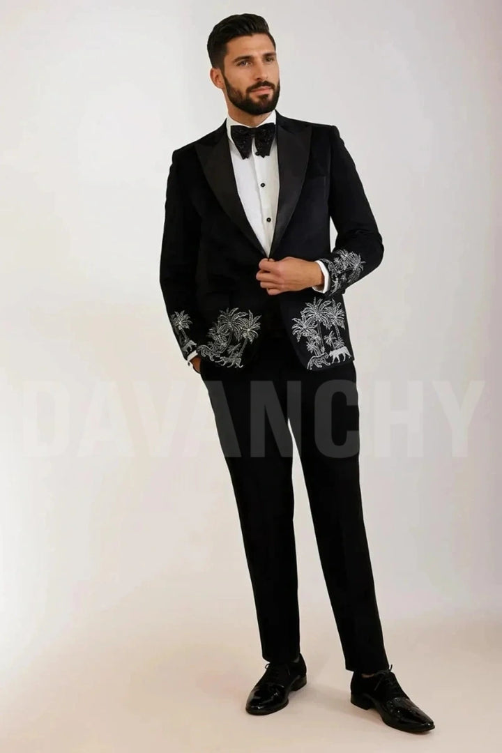 Men’s black velvet designer suit-Front