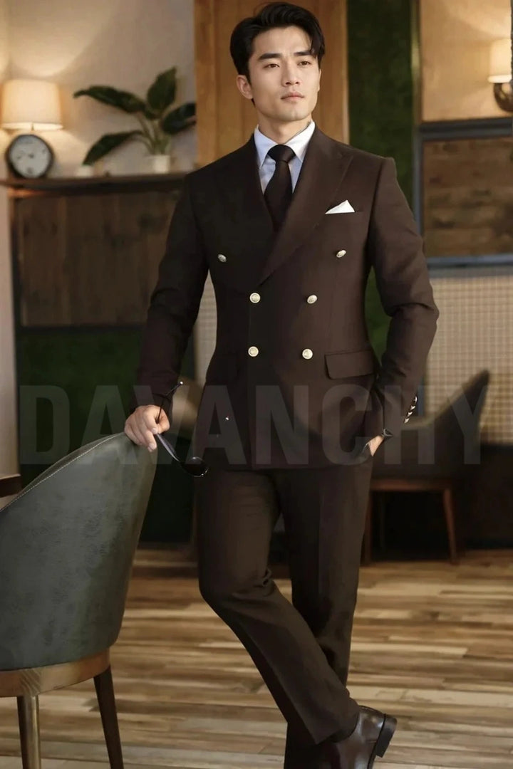 Men brown double-breasted  formal suit -front