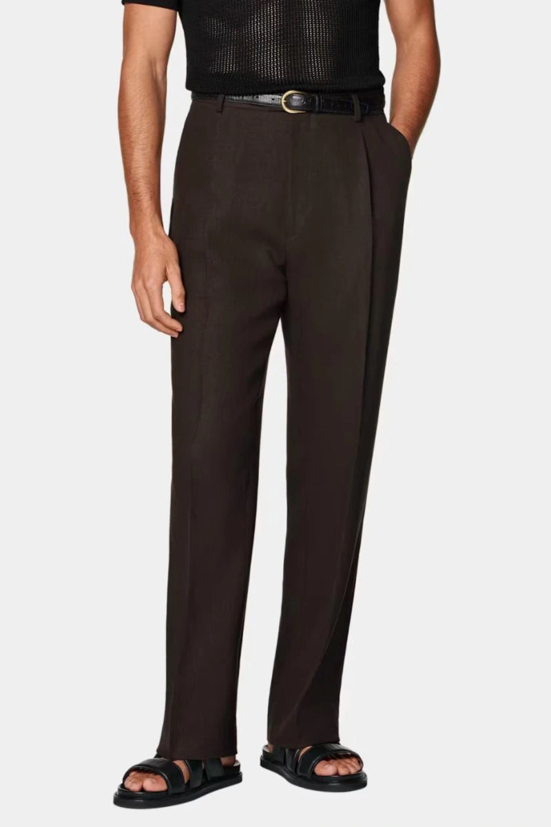 Men's Brown High Rise Pleated Trouser -Front