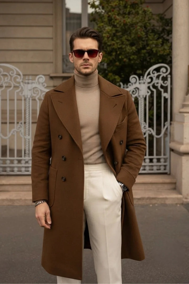 Men Brown Double Breasted Winter Overcoat-Front