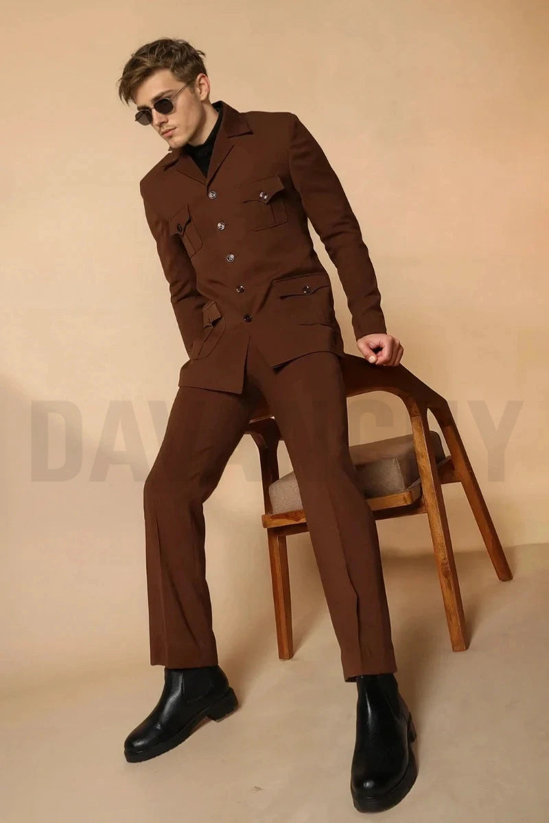 Men Brown Safari Suit Stylish Two Piece Designer Suit Perfect For Cocktail Parties Prom Parties & Events