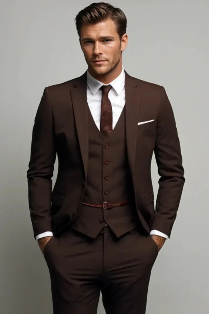 Men Stylish Brown Three-Piece Suit – Front 