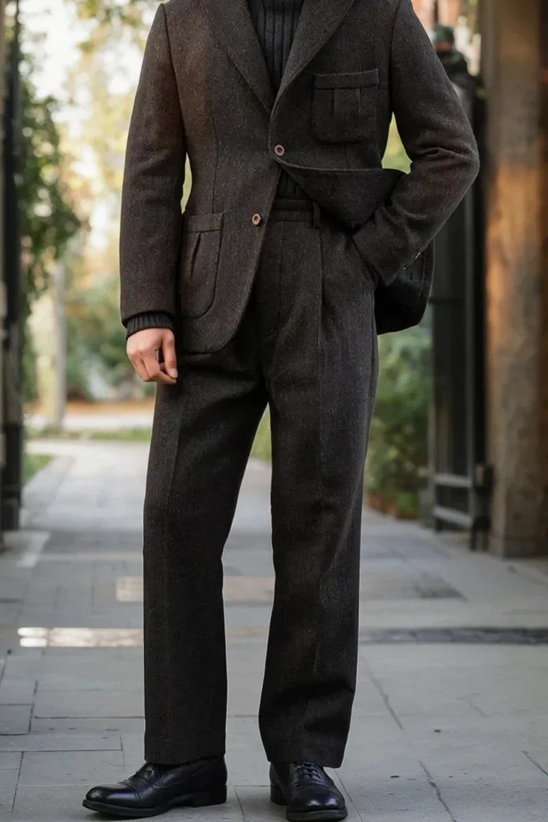 Dark Brown Office Wear Tweed Pants For Men (Full Front)