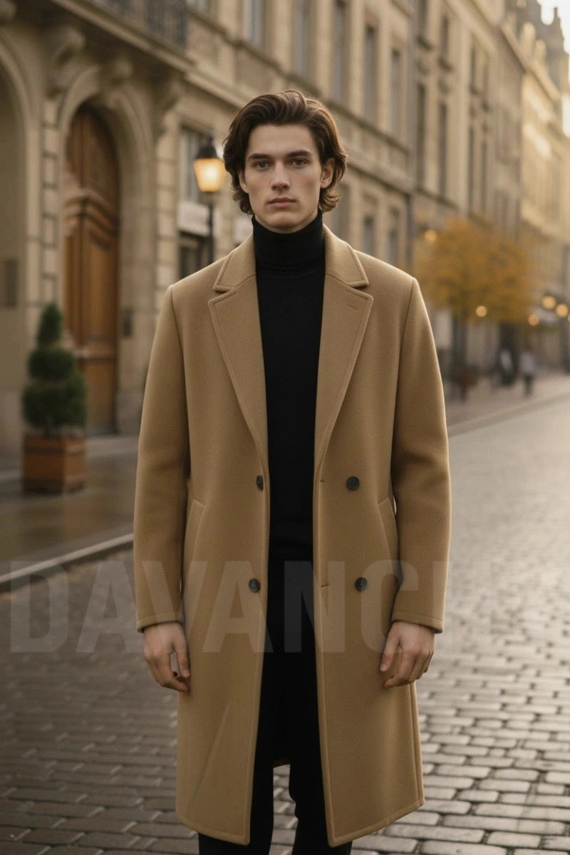 Men Brown Tweed Double-Breasted Overcoat- Front 