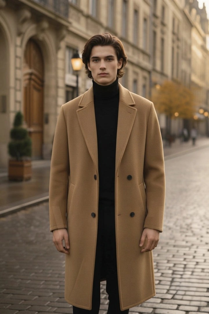 Men Brown Tweed Double-Breasted Overcoat- Front 