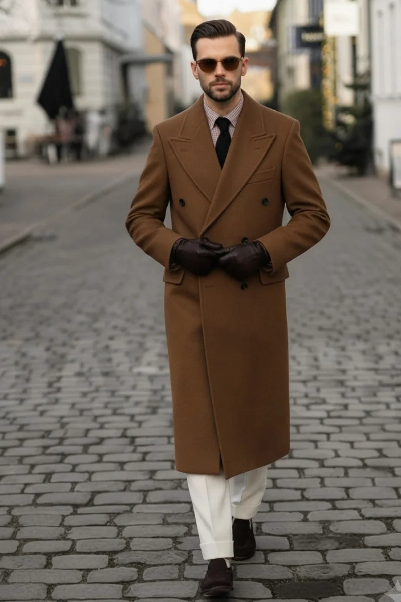 Men brown wool long overcoat-Front