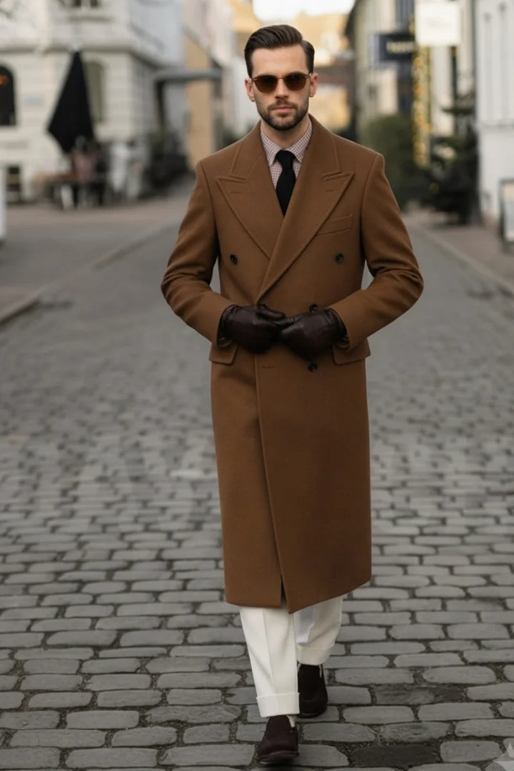 Men brown wool long overcoat-Front
