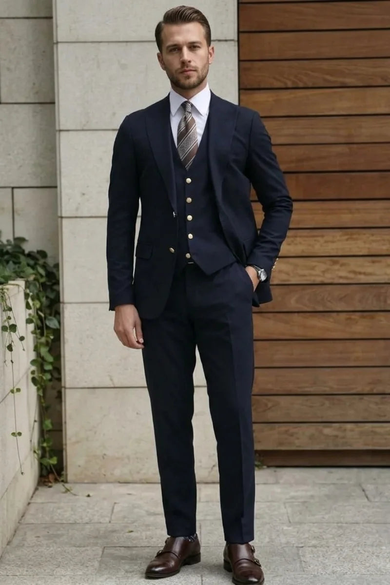 Men’s Navy Blue Three-Piece Suit-Front