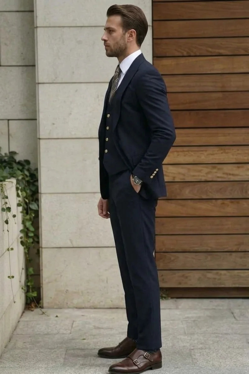 Men Navy Blue Formal Wear Outfit - Side