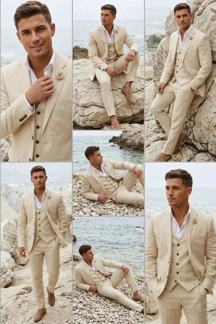 Men Cream Resort Wear Linen Suit-Collage