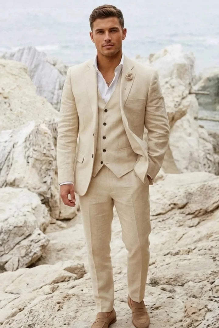 Men Cream Linen Three Piece Suit - Front