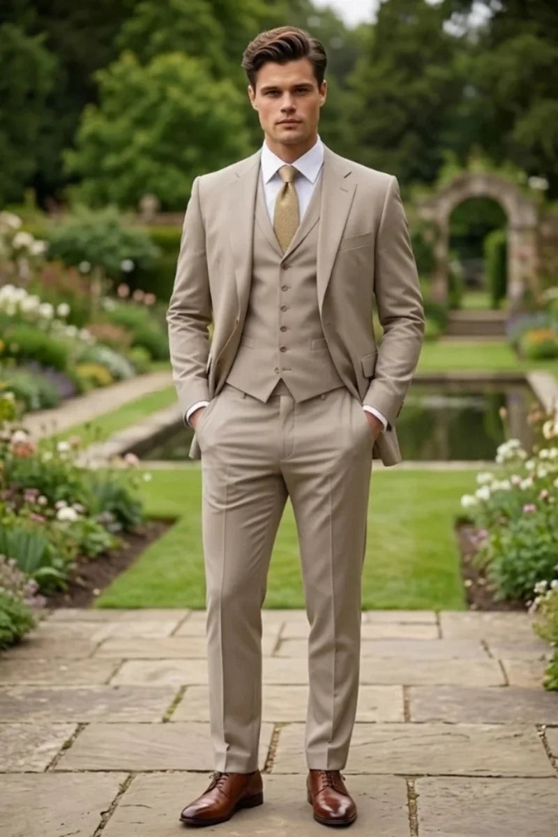 Men Cream Three Piece Suit for Evening Event Wear-Front