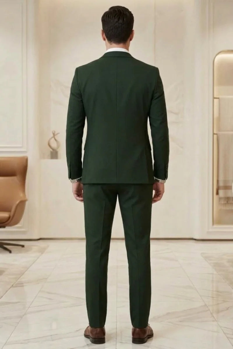 Men Olive Green Three Piece Suit-Back