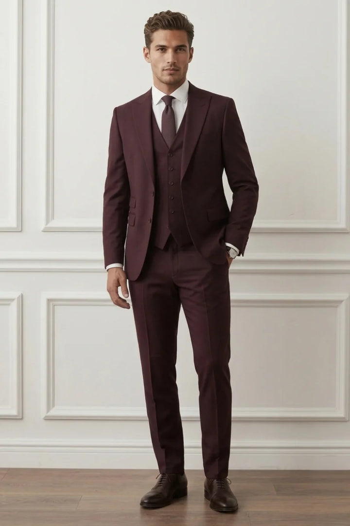 Men Dark Wine Stylish Three-Piece Suit – Front 
