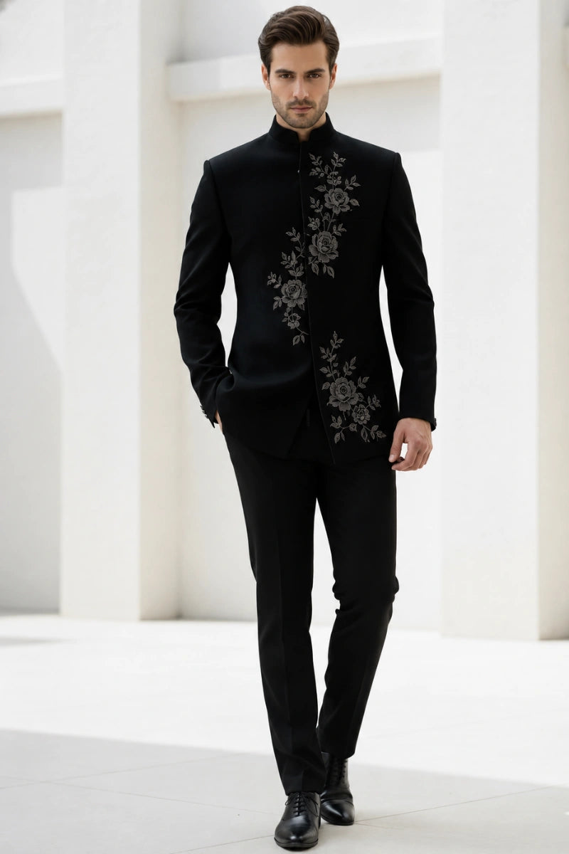 Men black formal designer two piece suit-Front