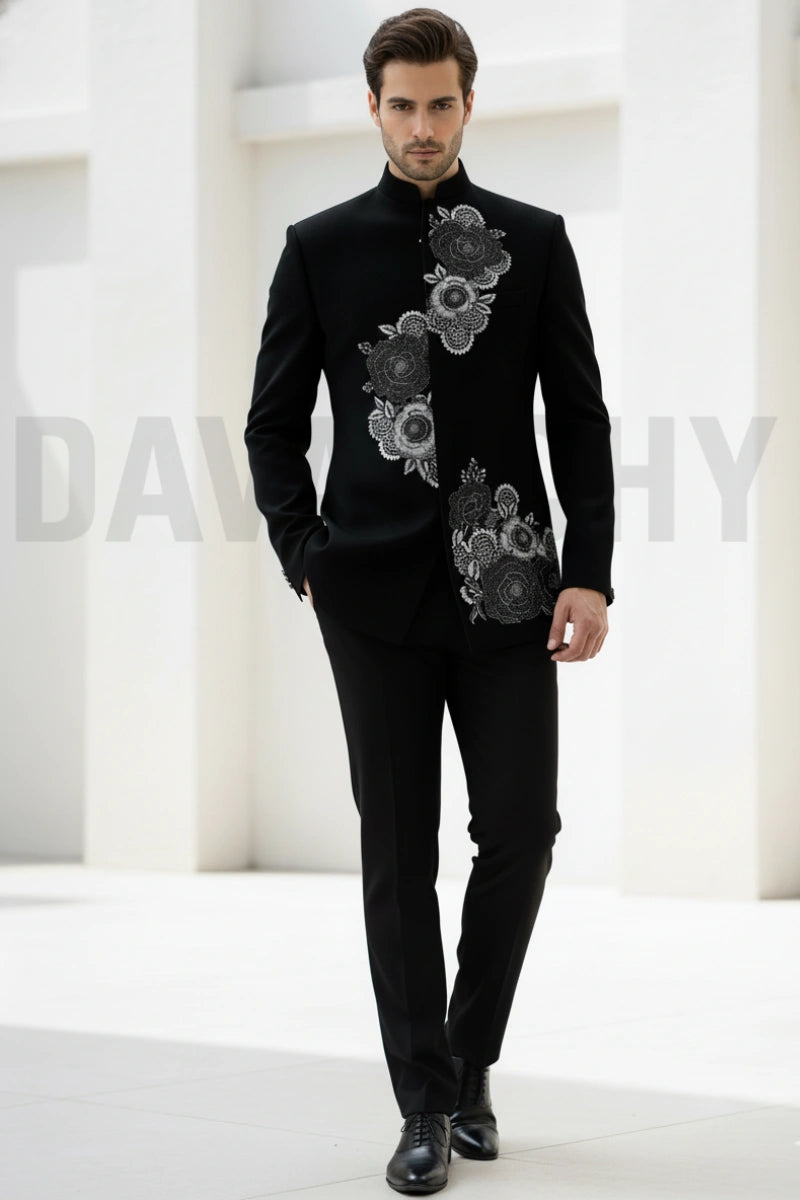 Men black formal designer two piece suit-Front