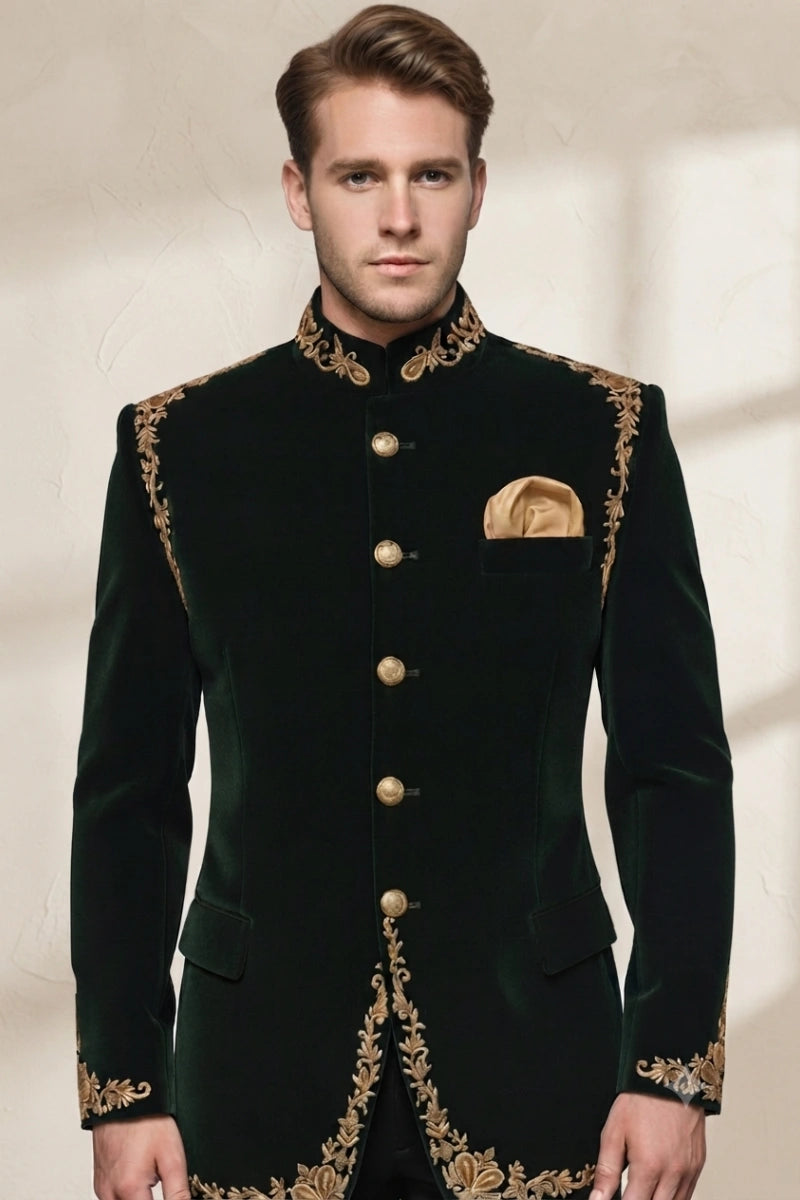 Men emerald green velvet embroidered jodhpuri coat-Front