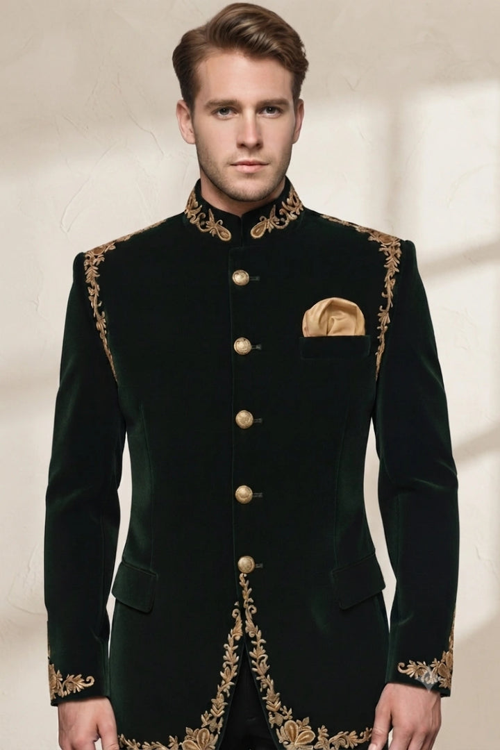 Men emerald green velvet embroidered jodhpuri coat-Front