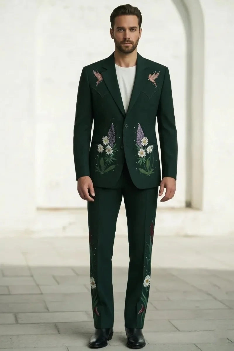 Emerald Green Floral Embroidered Suit-Full Front
