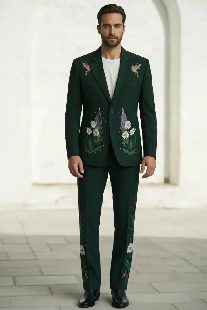 Emerald Green Floral Embroidered Suit-Full Front