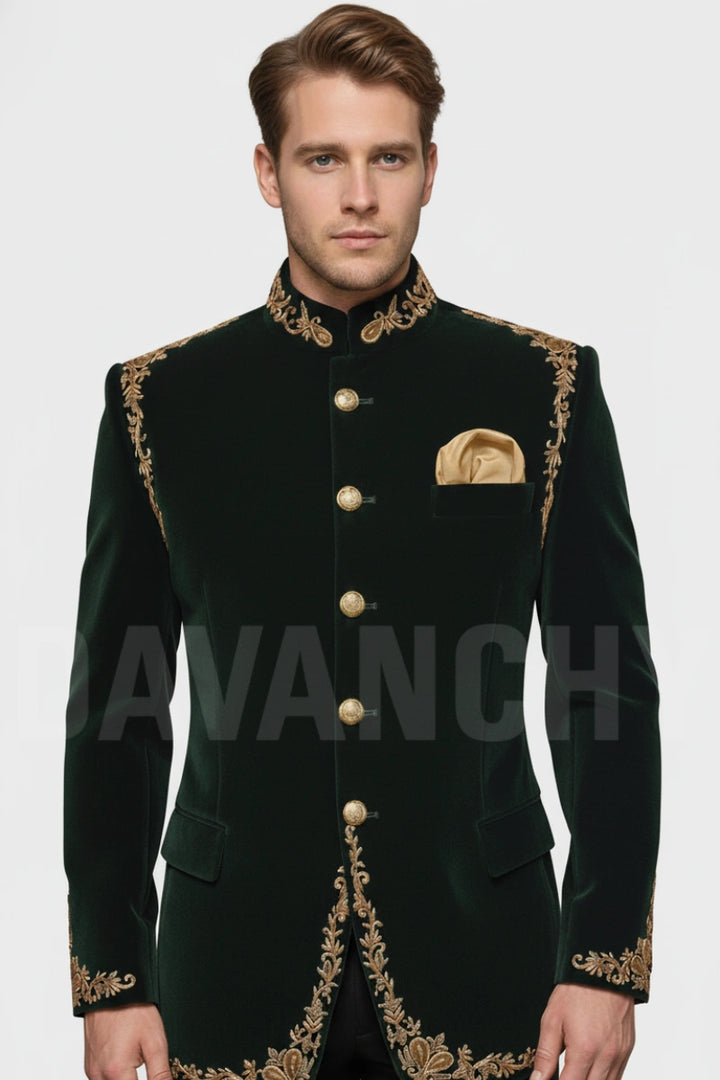 Men emerald green velvet embroidered Jodhpuri coat-Front